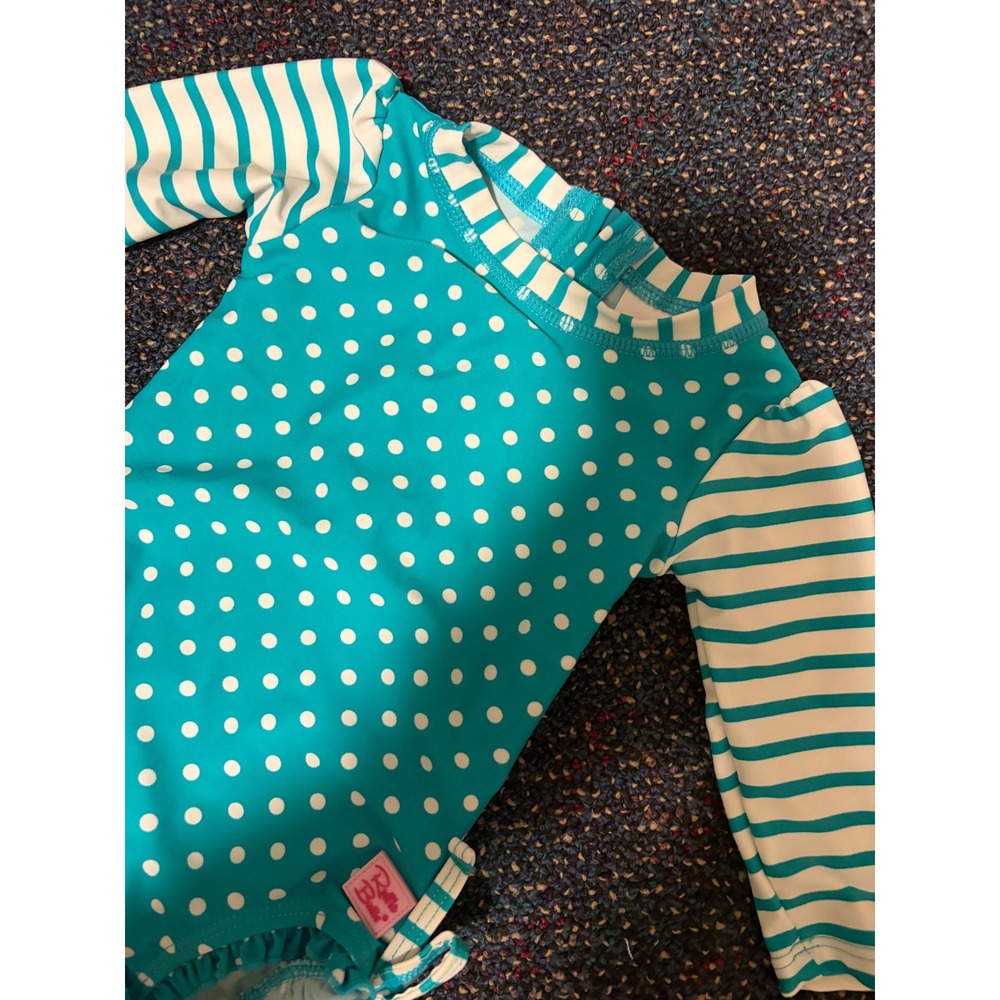RuffleButts Baby Girls Teal Polka Dot Long Sleeve Rash Guard Swimsuit 3-6M